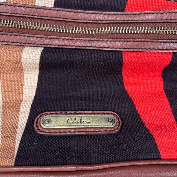 Cole Haan Handbag Brown Leather Canvas Retro Striped Colorblock Boho - Picture 10 of 10